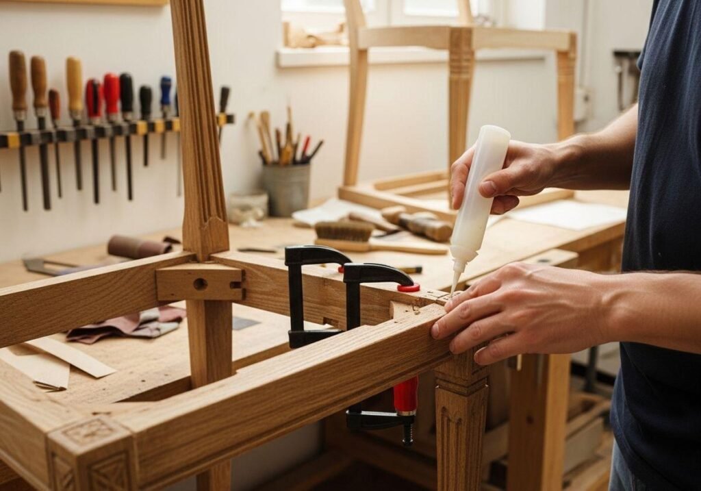 Clamping a glued wooden joint during furniture repair